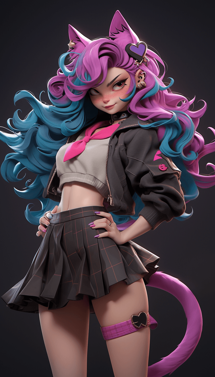 AI generated: cheshire cat like a teen, big blue eyes, perfect feminine figure, blue and purple and orange scheme,...