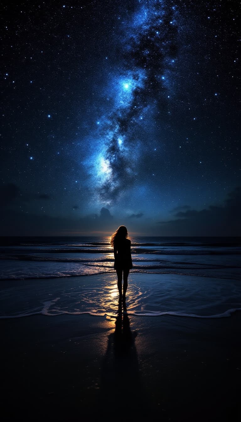 AI generated: The starry sky shines on the beach, with dark gray sand and shallow water in front of it. A beautifu...