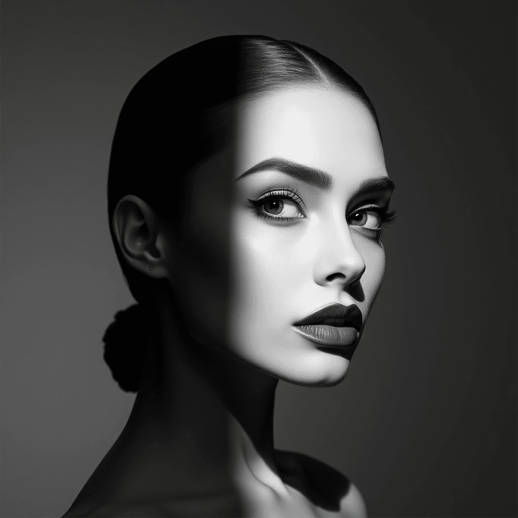 AI generated: This is a 8k, black-and-white photograph of a woman's head and shoulders, captured in a dramatic, st...