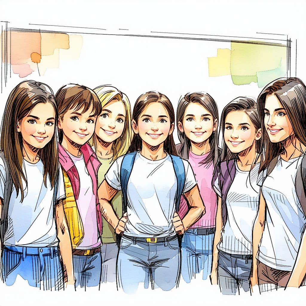 AI generated: a comic book-like drawing of a class of 12-year-olds presenting themselves to a teacher



