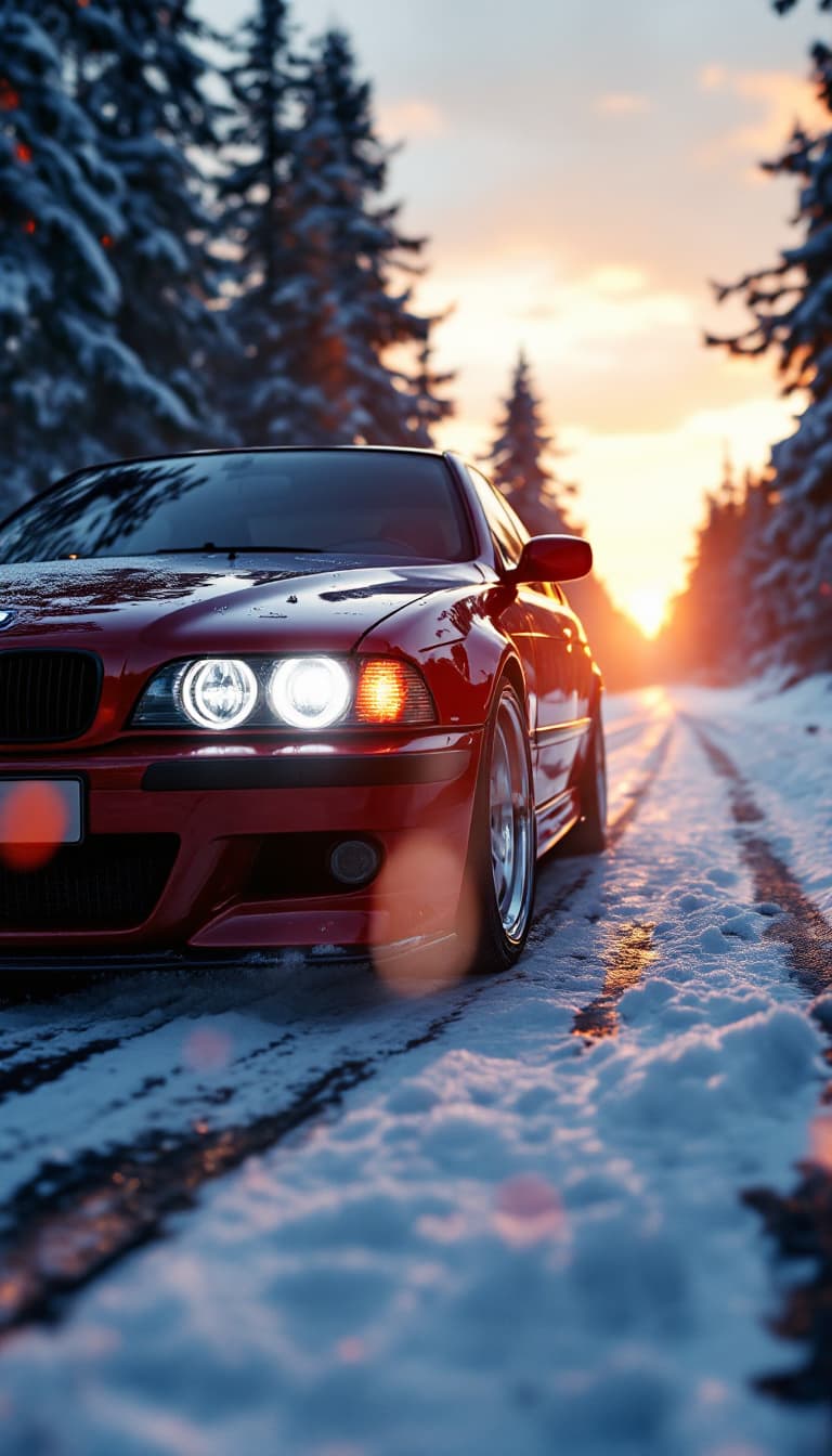 AI generated: Photo of a ultra realistic wine red bmw e39 m5, bmw angel eyes, halogen fog lights, dramatic light, ...