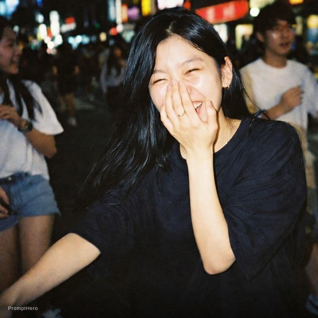 AI generated: photography, snapshot, disposable camera style, young korean girl, wearing a black oversized t-shirt...