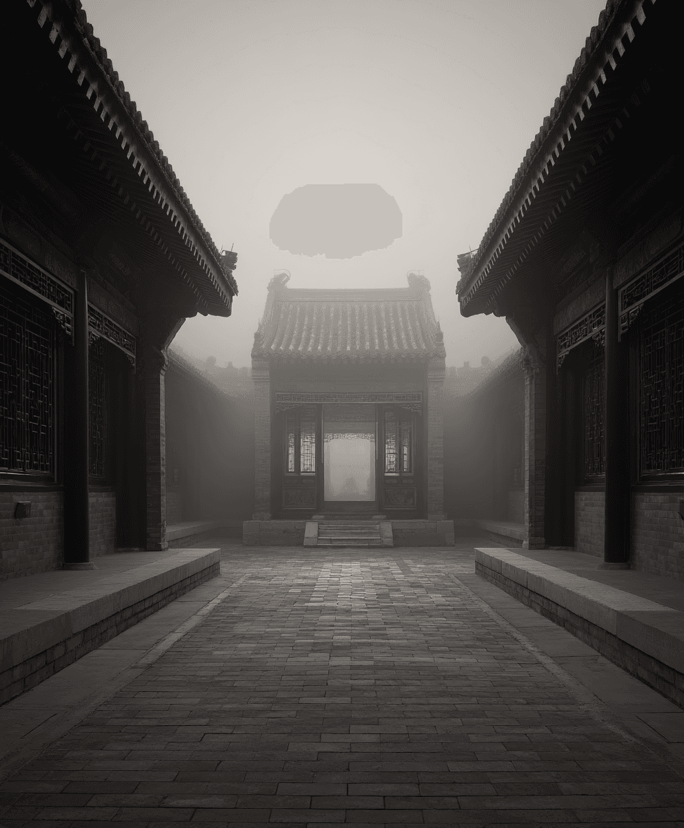 AI generated: Chinese Siheyuan courtyard house, Beijing, symmetrical, enclosing walls, central courtyard, ancestra...