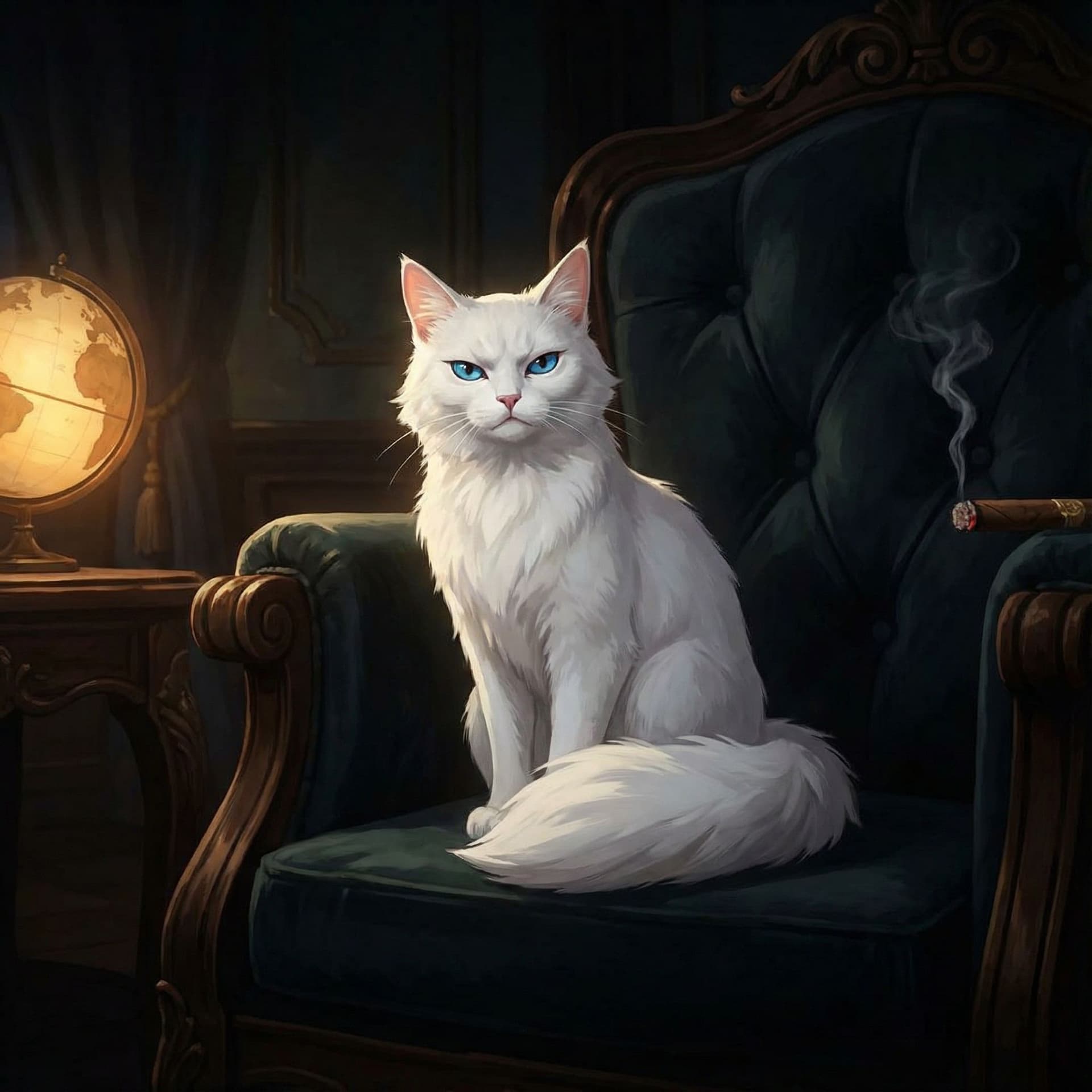 AI generated: genera una imagen de un gato blanco sobre un sillón, busco una estética de villano de james bond. qu...