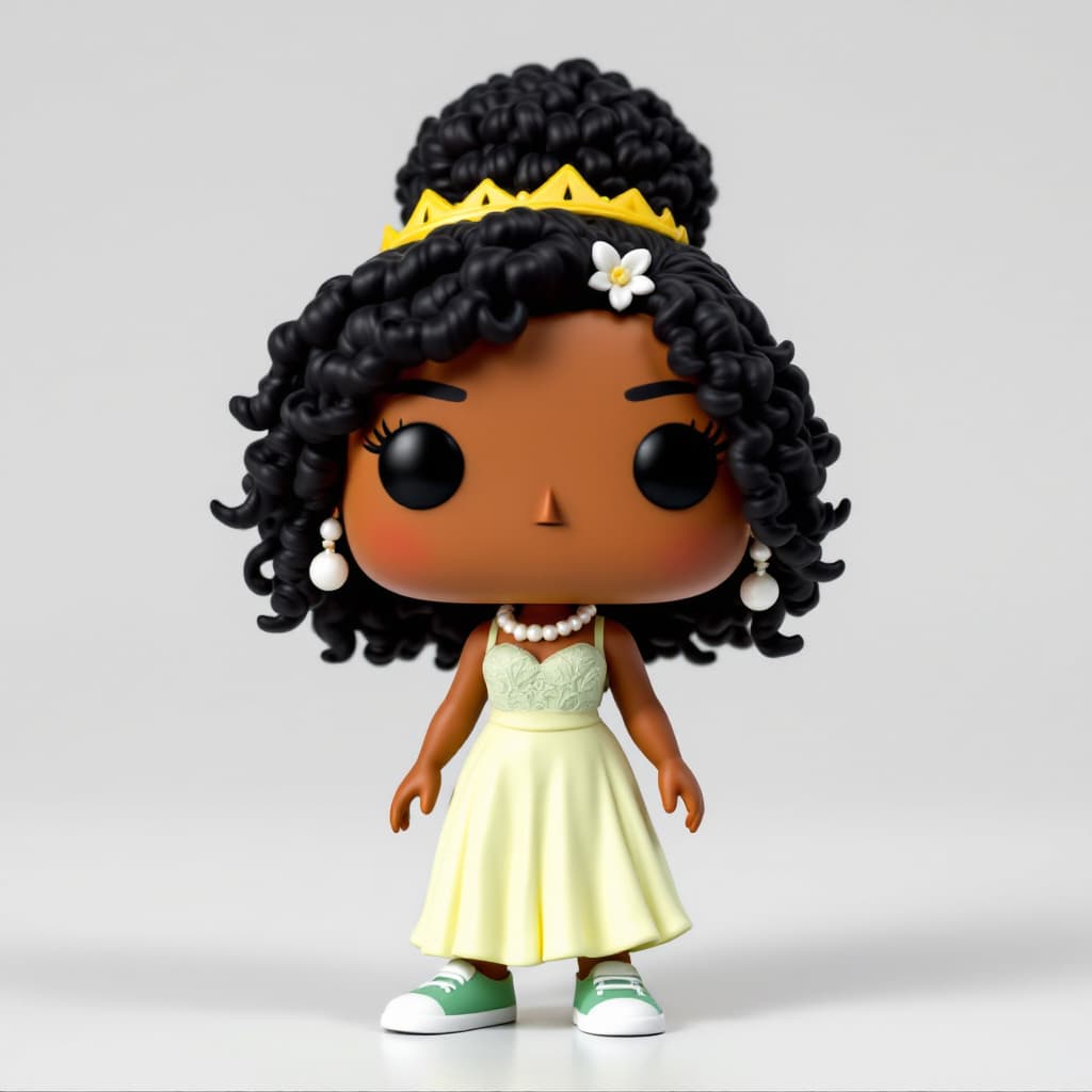 AI generated: Funko Pop Figure Description:

Hair: Black curly hair, with a high bun, some curls in front and side...