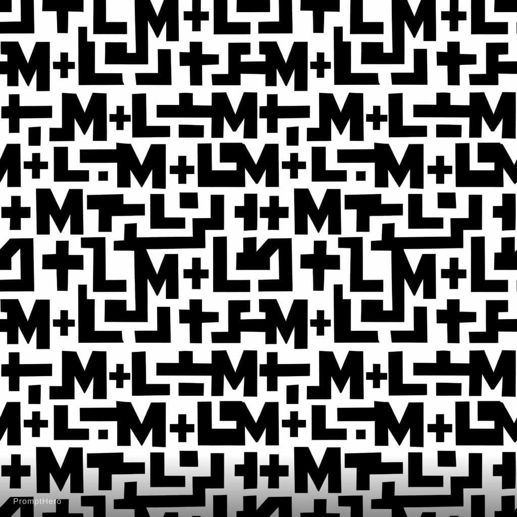 AI generated: create a pattern the text "M+L" in black on white. The pattern should fit exactly into itself on eve...