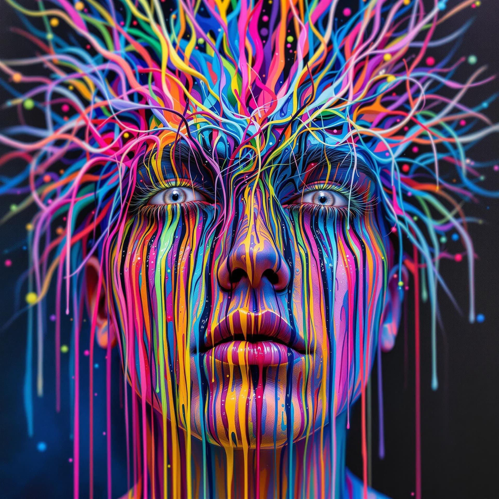 AI generated: 
a close up of a person with a colorful head and hair, synesthesia, psychedelic therapy, psychedelic...