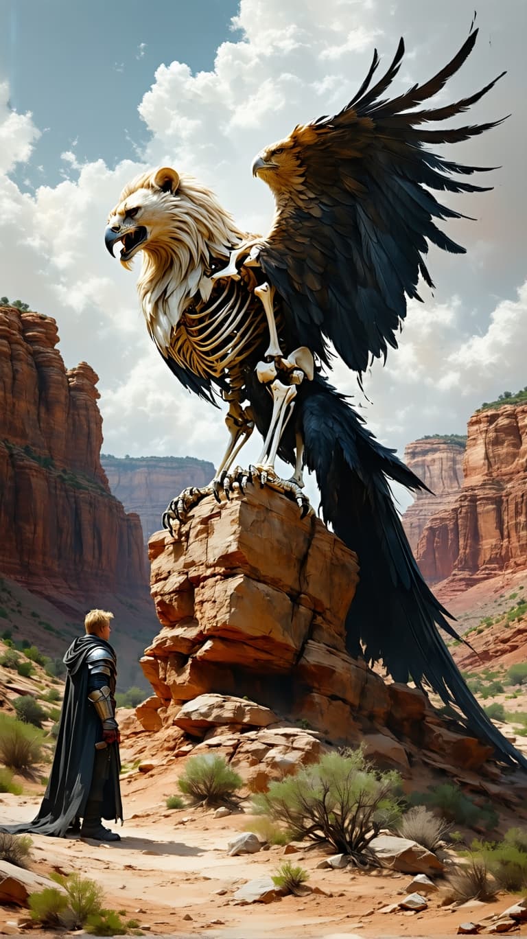 AI generated: Image is a fantasy scene featuring a large, majestic griffin with a lion's body and an eagle's head ...