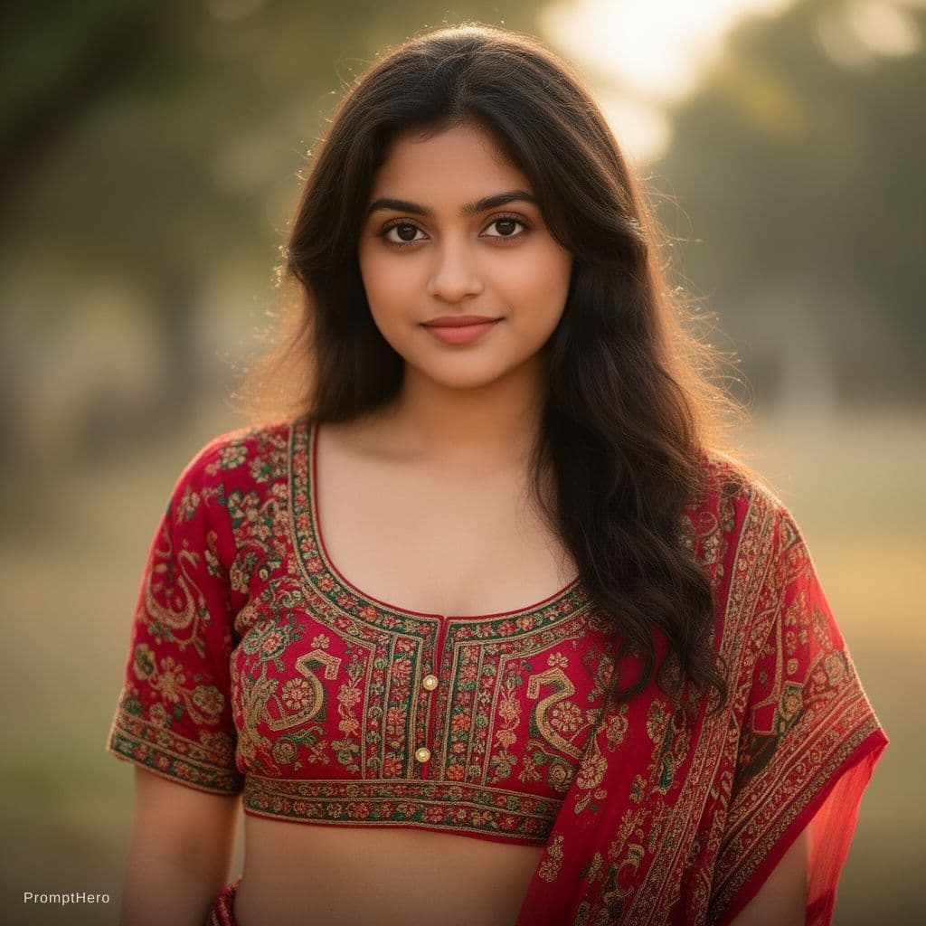 AI generated: a girl pres...sing boo..bs cute 22 age around 22 bra .. indian blouse
