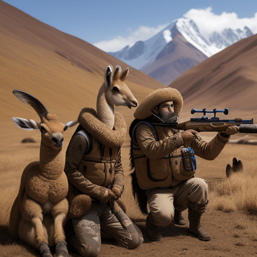AI generated: realistic image of some hunters in the andes shooting a vicuña