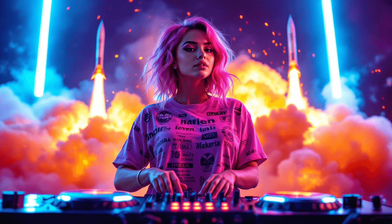 AI generated: Dynamic, vibrant collage depicting a stunning Curvy female DJ in a nightclub setting juxtaposed with...