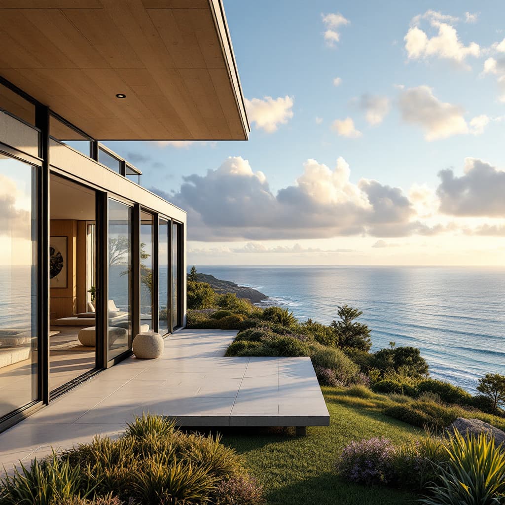 AI generated: Hyper realistic eye level exterior photo of a mid century modern style house overlooking the ocean, ...