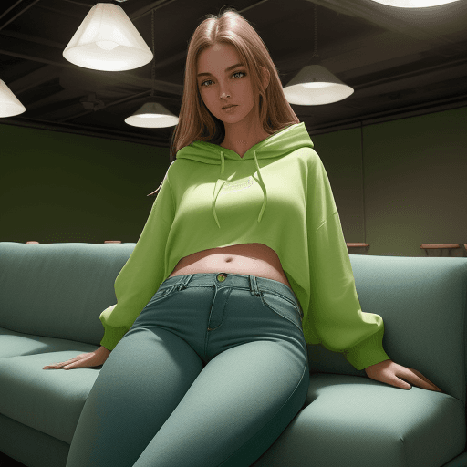 AI generated: photography, woman model lounges across the seats, oversized bright green color hoody and light-wash...