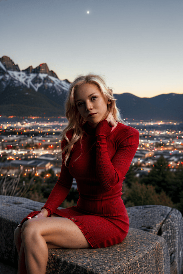 AI generated: A blonde woman in a red knit dress poses outdoors at twilight, seated on a stone surface with her ri...