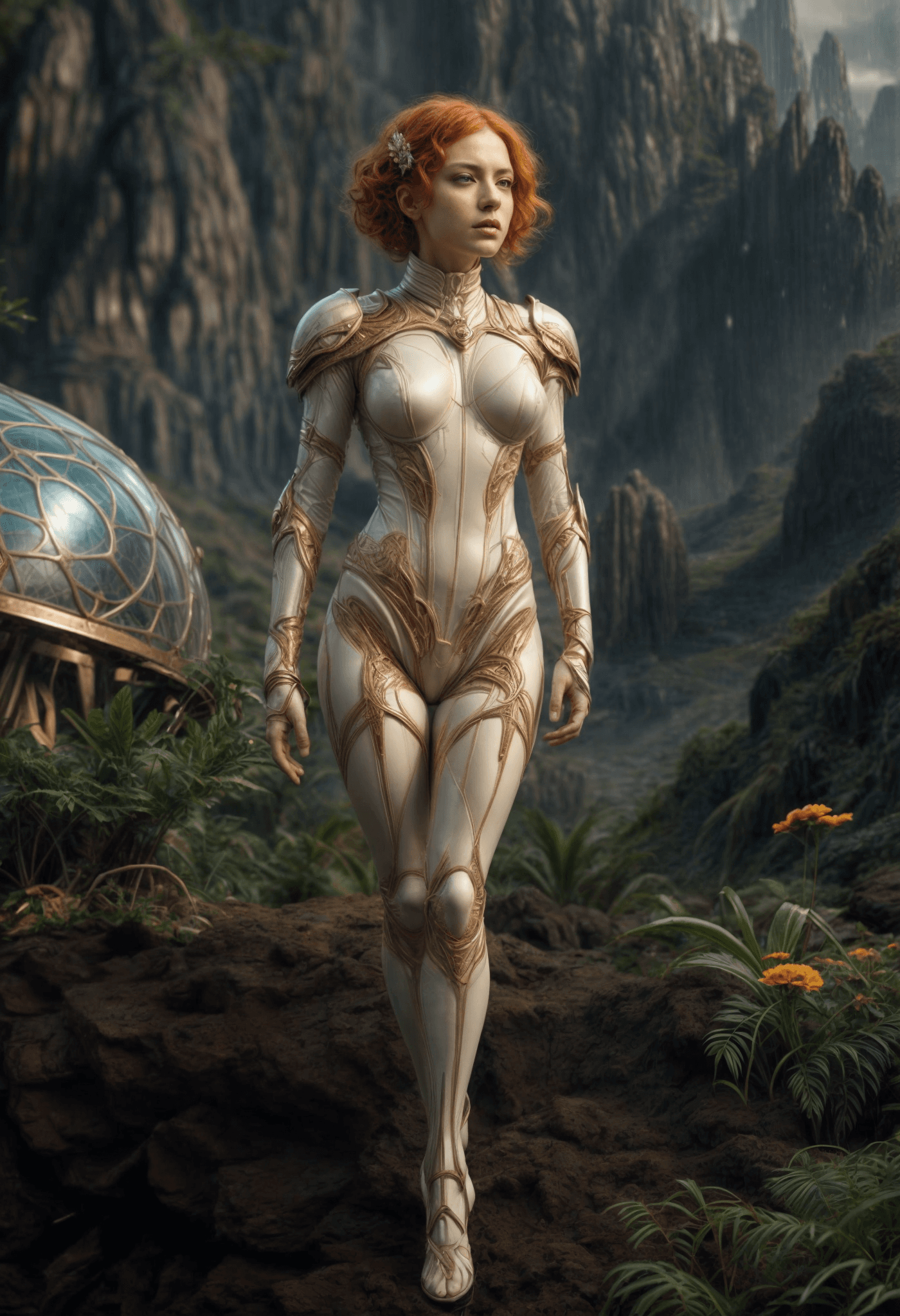 AI generated: seductive female ginger haired  astronaut on a jungleplanet ,different modelpositions,mountains,  be...