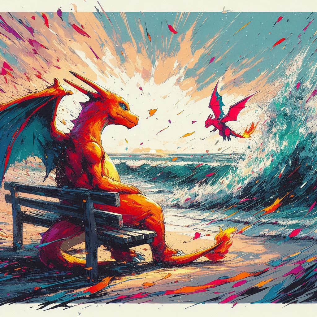 AI generated: aesthetic, painterly style, modern ink, urbanpunk, high ground angle shot of Charizard sitting on a ...
