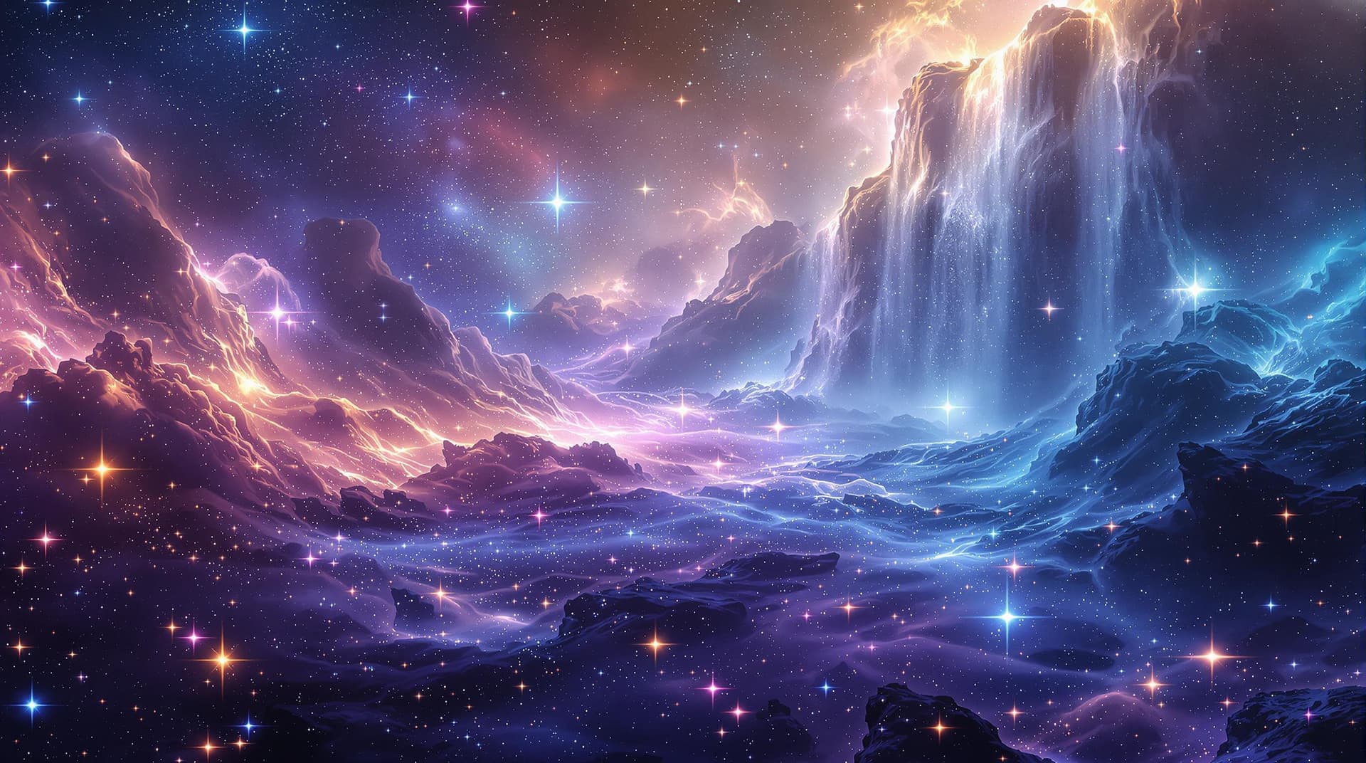 AI generated:   a waterfall landscape   in a close up view, made with nebulas the gaz,stars and dust ressemble fal...