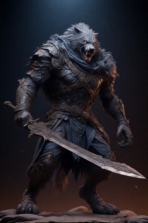 AI generated: full body shot, blaidd the wolfman from elden ring, wolfman , big sword, dark armor, intricate detai...