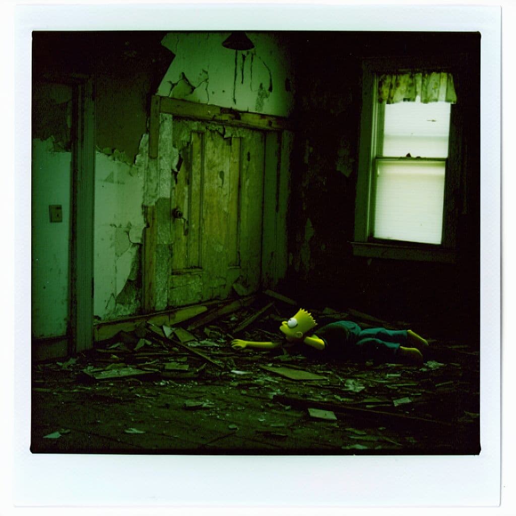 AI generated: grainy 80's photograph quality polaroid of bart simpson suicide caught in an abandoned house, dark