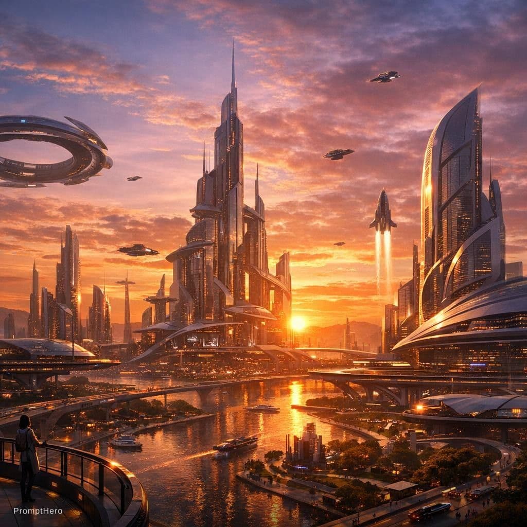 AI generated: A futuristic city at sunset