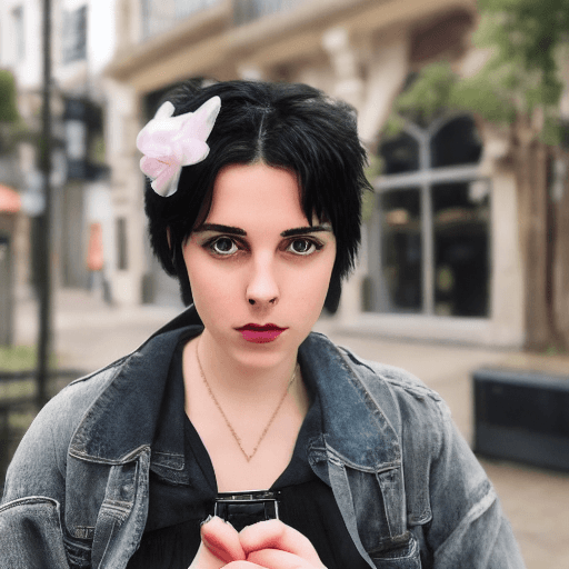 AI generated: Translation: "Photograph of an 18-year-old white girl with short black hair and a height of 1.70m, w...