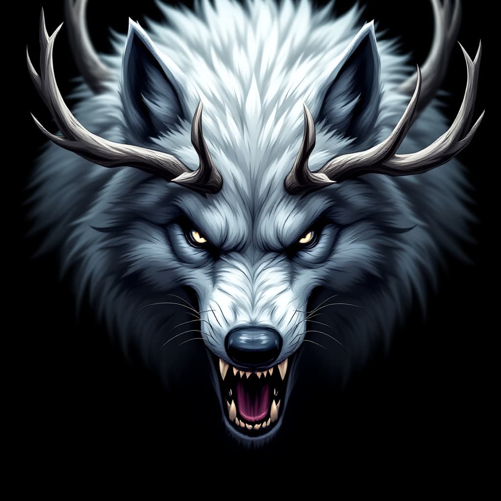 AI generated: wolf, anime stylized, antlers, monster, menacing, white fur with black accents, scary, black eyes, h...