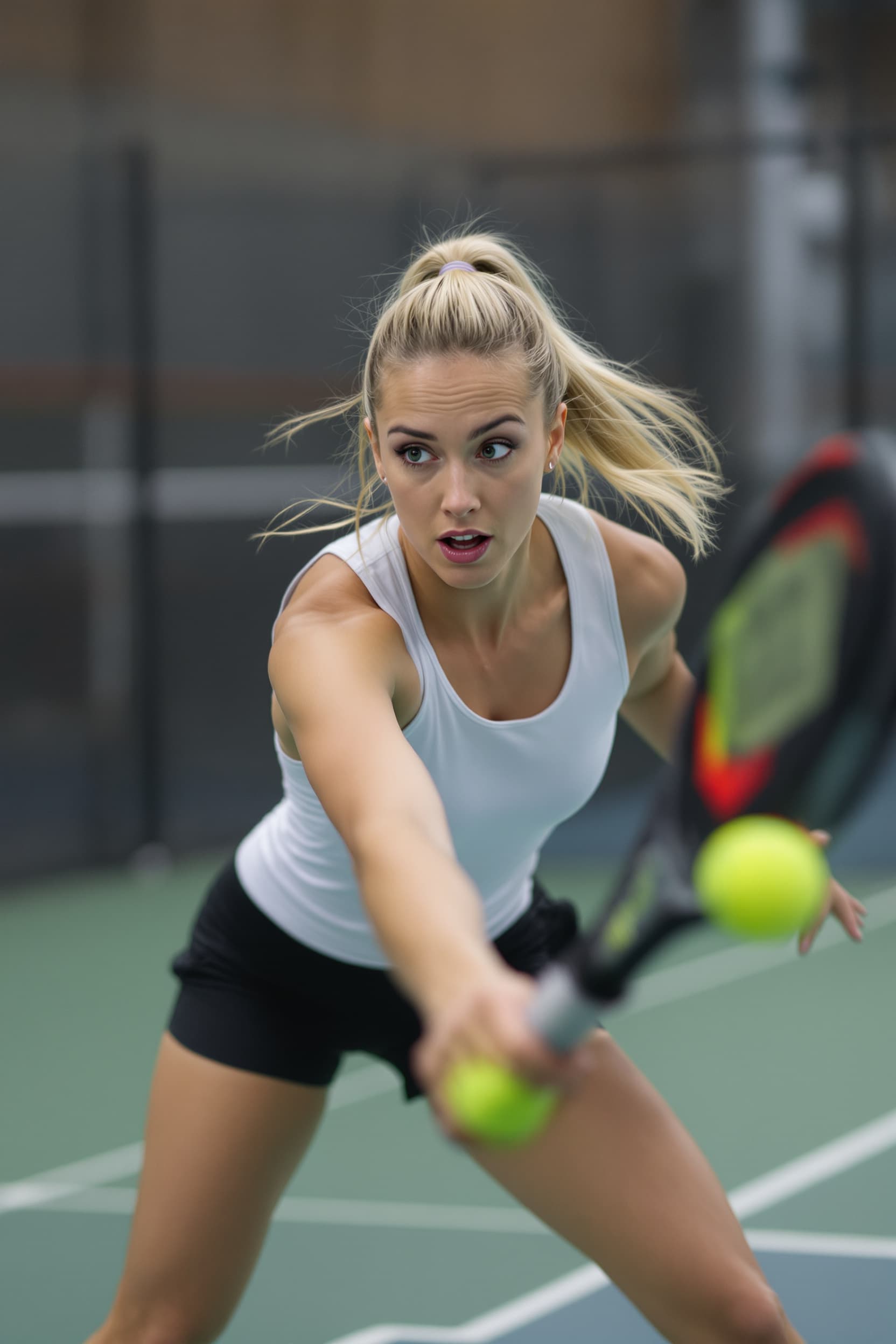 AI generated: A beautiful 30-year-old blonde woman, hair in a ponytail, playing padel ball in an indoor padel cour...