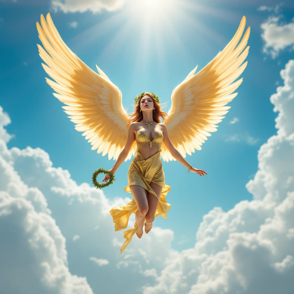 AI generated: a young lady with angel wings floating in the wind, full body front and body and golden clothing, in...