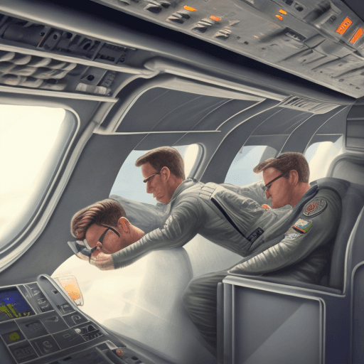 AI generated: Pilots sleeping in Pilots cabinet while flying airplane, hyper realistic, cinematic, high details --...