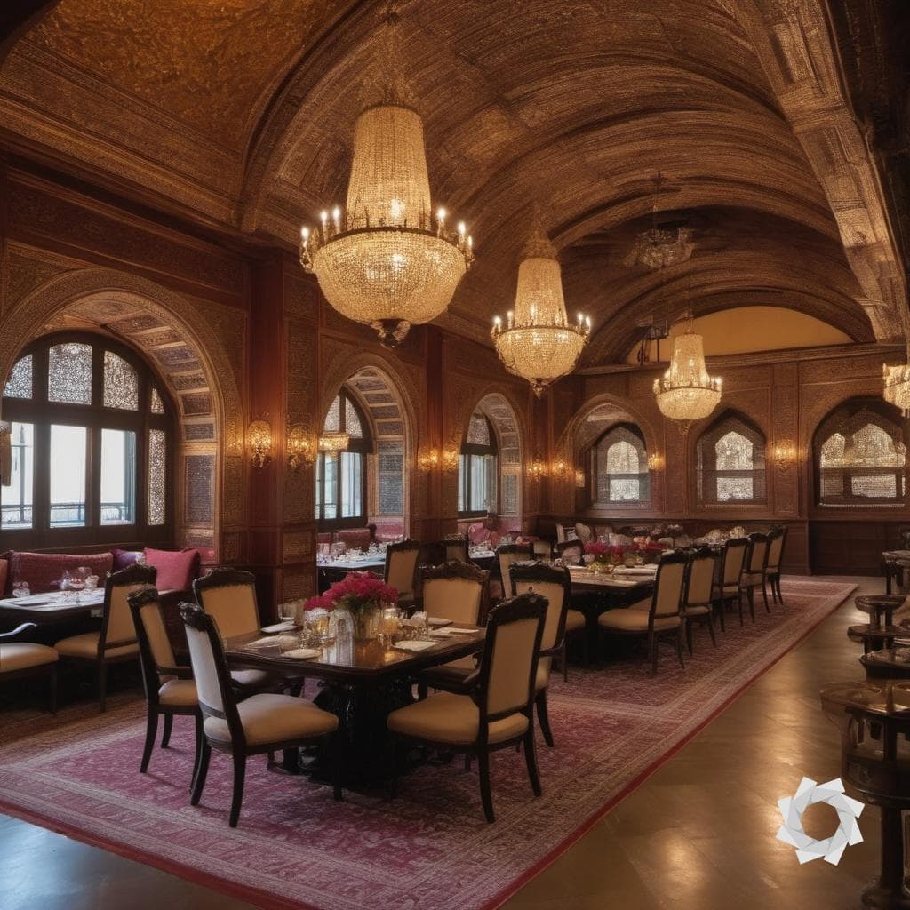 AI generated: Picture a fine dining restaurant exuding the opulent charm of Ottoman style interior design. Ornate ...