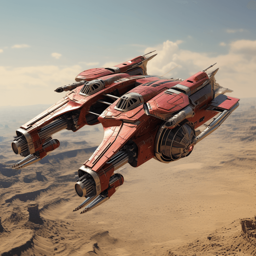 AI generated: a futuristic spacecraft winging through the sky, red and beige color, in the style of realistic life...