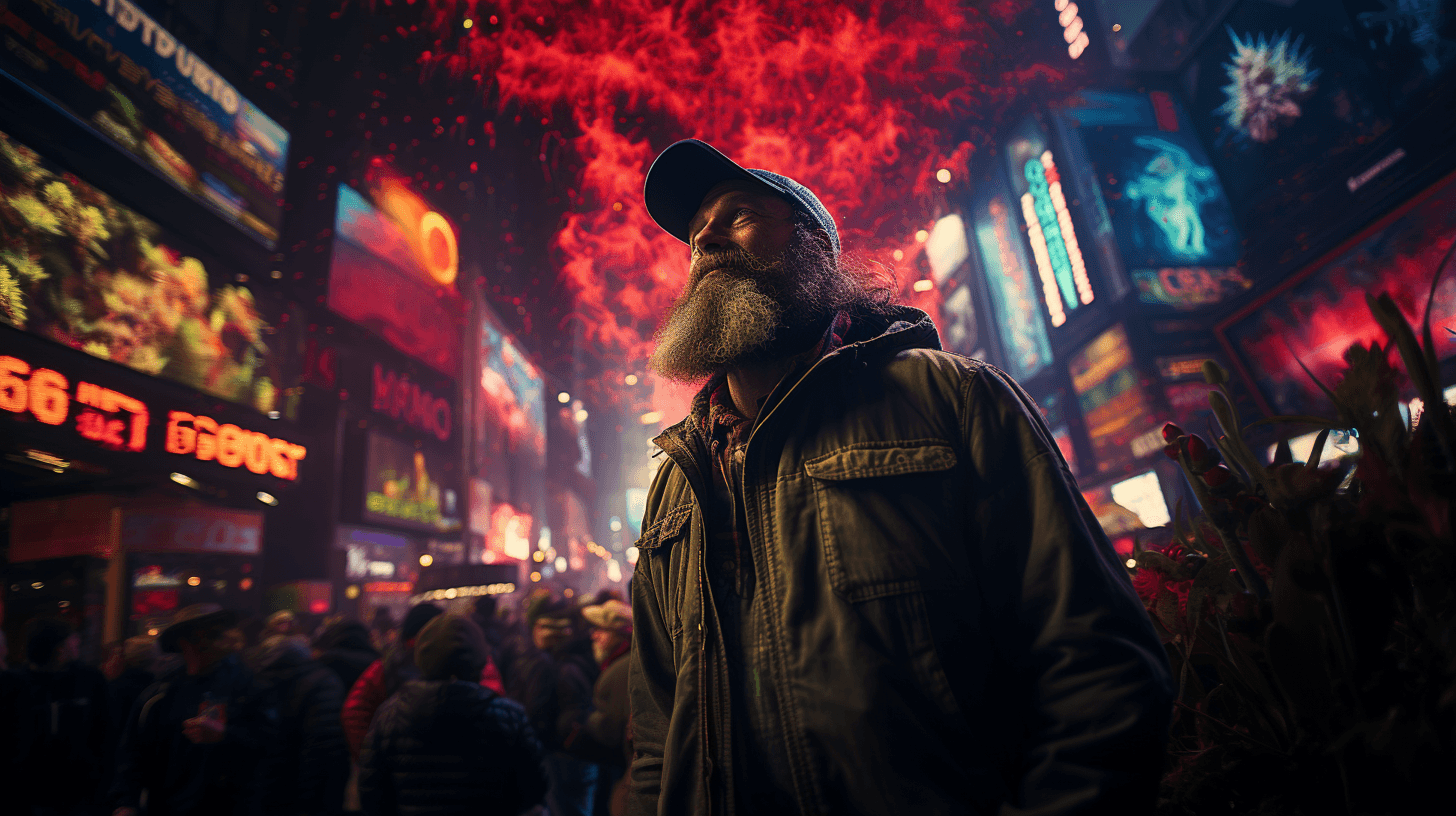 AI generated: cannabis commercials on times square, poeple, hemp, weed, hyper realistic, --ar 16:9 --s 750