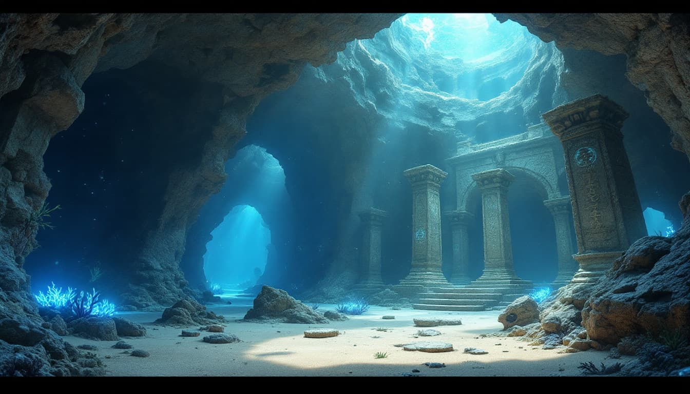 AI generated: Underwater fantasy cave with a half‑ruined stone temple, soft bluish light shafts streaming from cei...