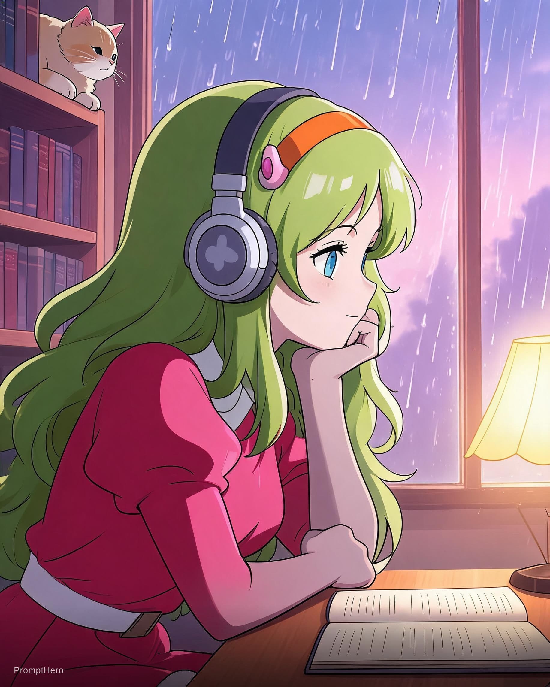 AI generated: Send me a photo of you studying near window, sitting at a desk, cozy room, rain outside, soft pastel...