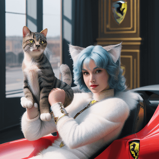 AI generated: a furry cat archangel that bright and saint are flipping and sit on Ferrari 
