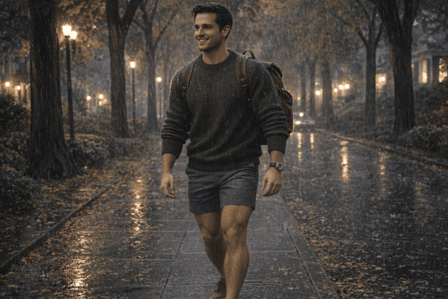 AI generated: In a cold night in the beginning of Autumn. 
The model is walking on the sidewalk in a very nice nei...