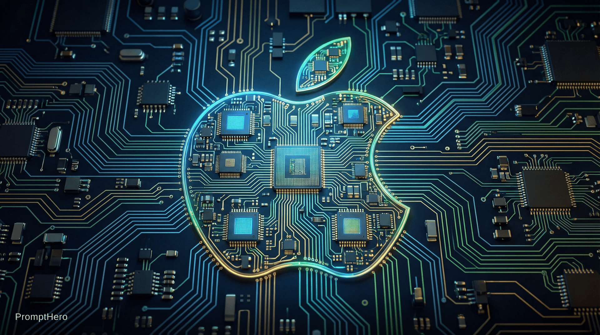 AI generated: the apple logo made from computer chips on a motherboard with circuits flowing into the logo