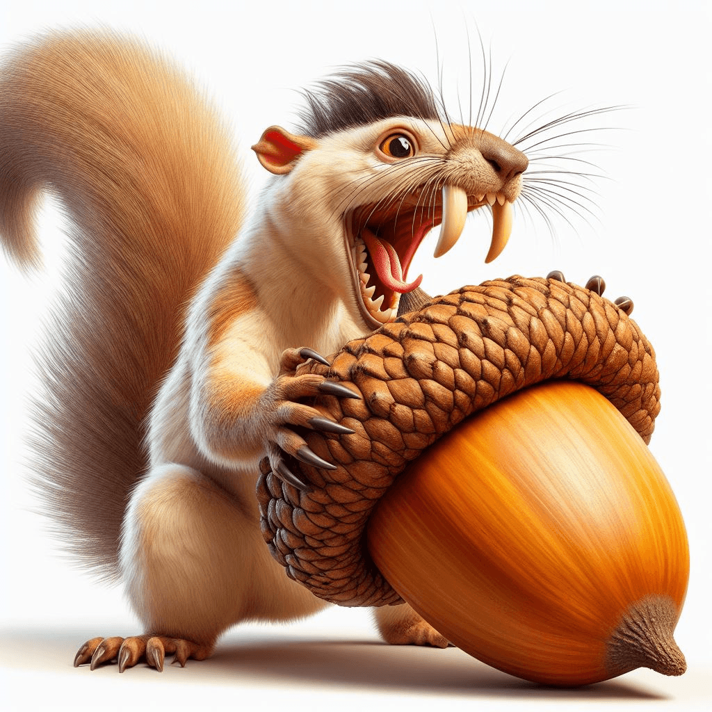 AI generated: saber-toothed squirrel caught in a comical struggle with an enormous acorn. His determined expressio...