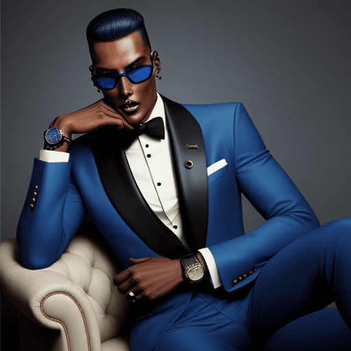 AI generated: a hiper real portrait of male model, black skin, Grace Jones, wearing blue suit, showing a smart wat...