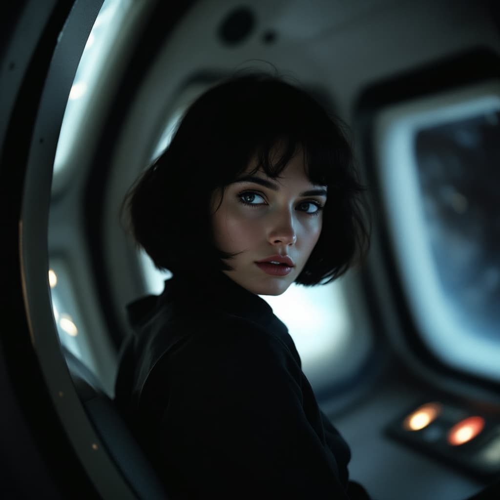AI generated: A photograph styled to mirror a 1970s cinema frame, featuring a woman who resembles someone in her y...