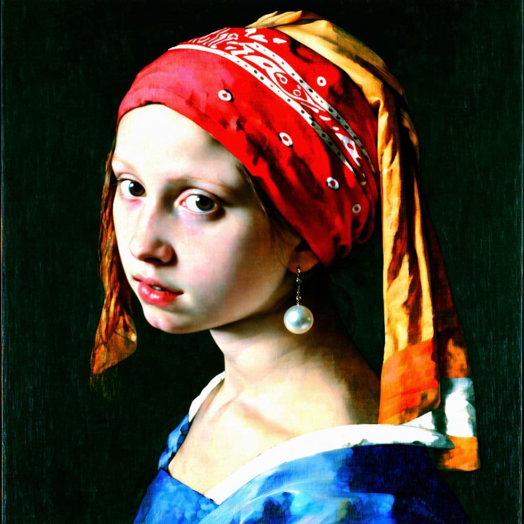 AI generated: Girl with a (((pearl earing))) red bandana, ((vibrant colors)), symmetry, studio lighting, by Dutch ...