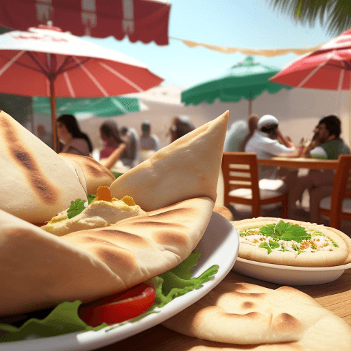 AI generated: Please create an ultra realistic photo of people enjoying mouth-watering humous with pita in a summe...