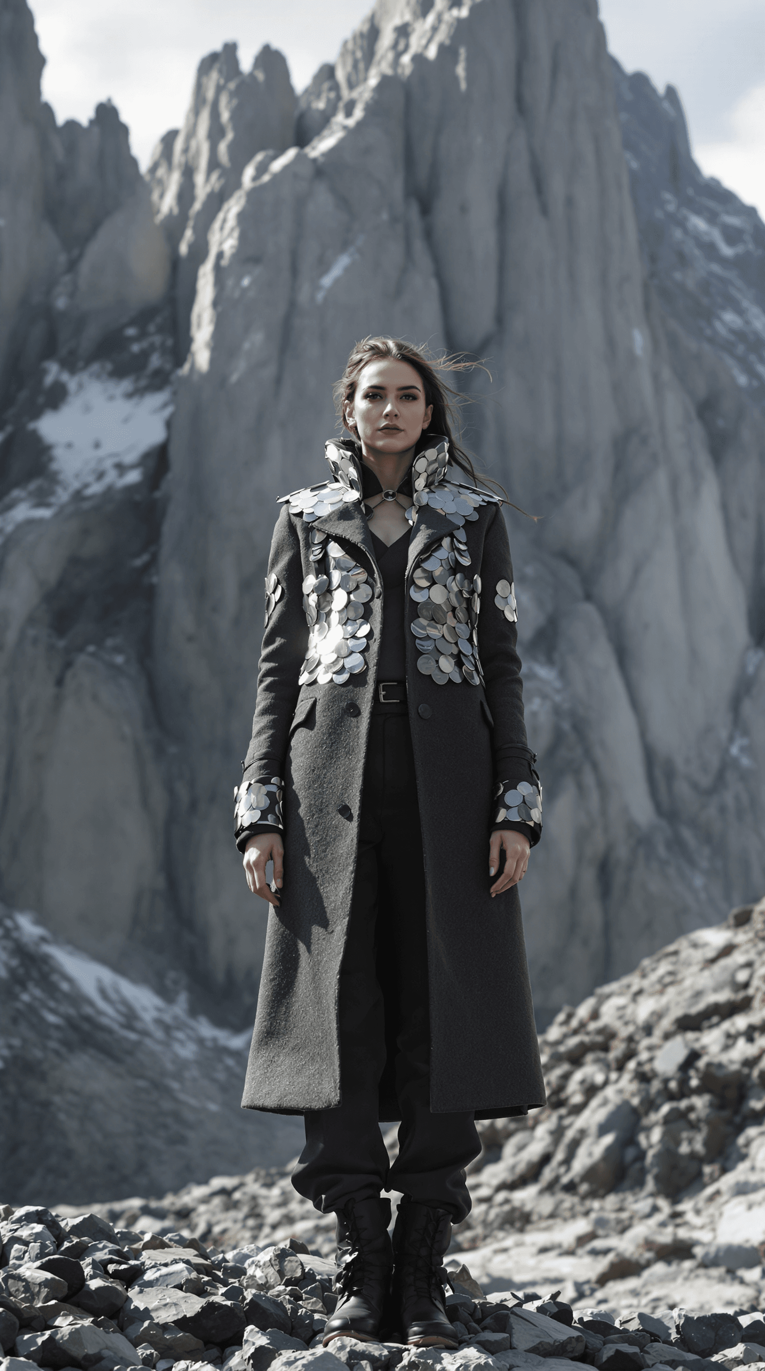AI generated: A pretty woman, her form conveying a sense of contained power, wears a tailored military-style coat ...