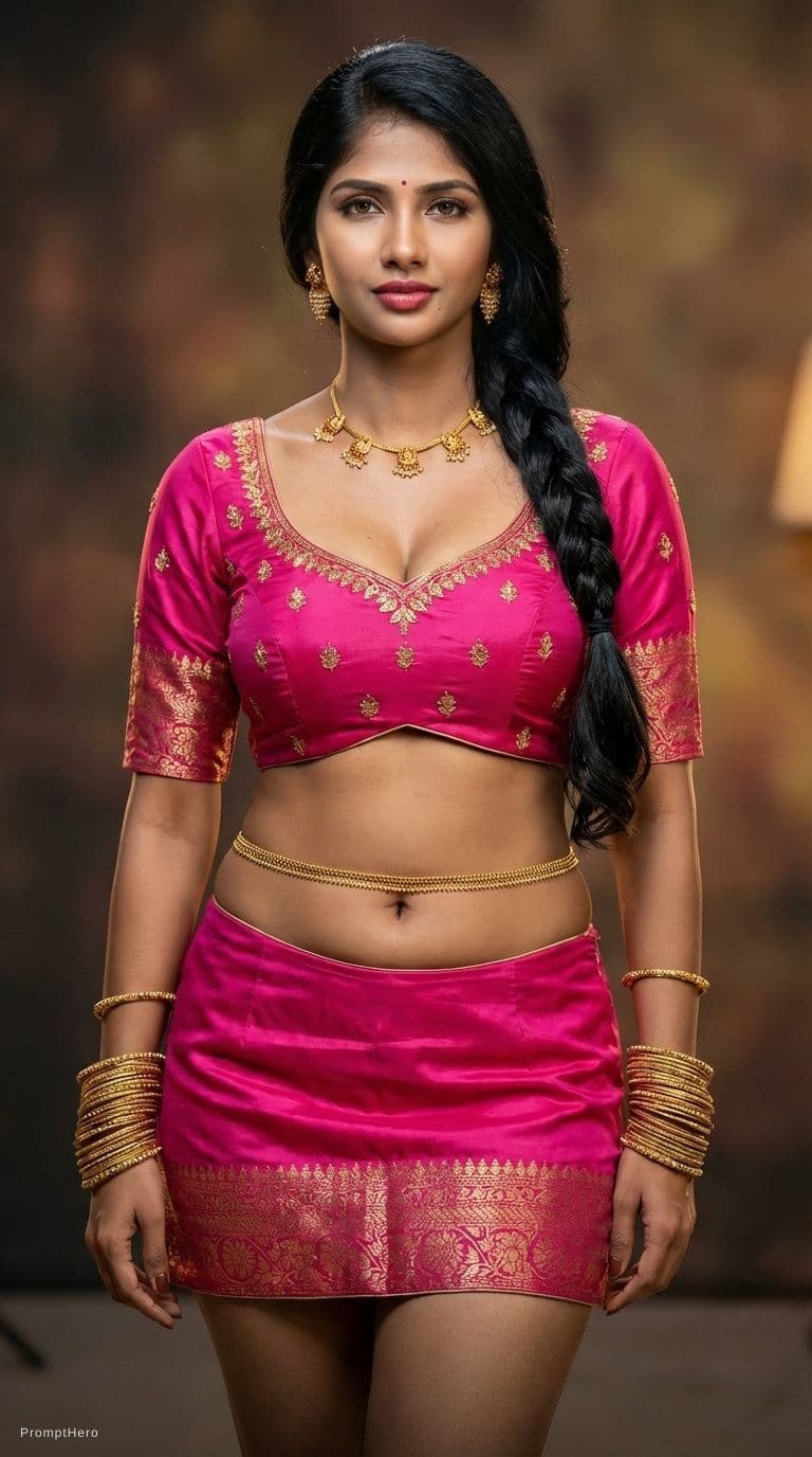 AI generated: wearing blouse choli with large busts and mini-skirt. naval is visible low waist skirt. wearing bang...