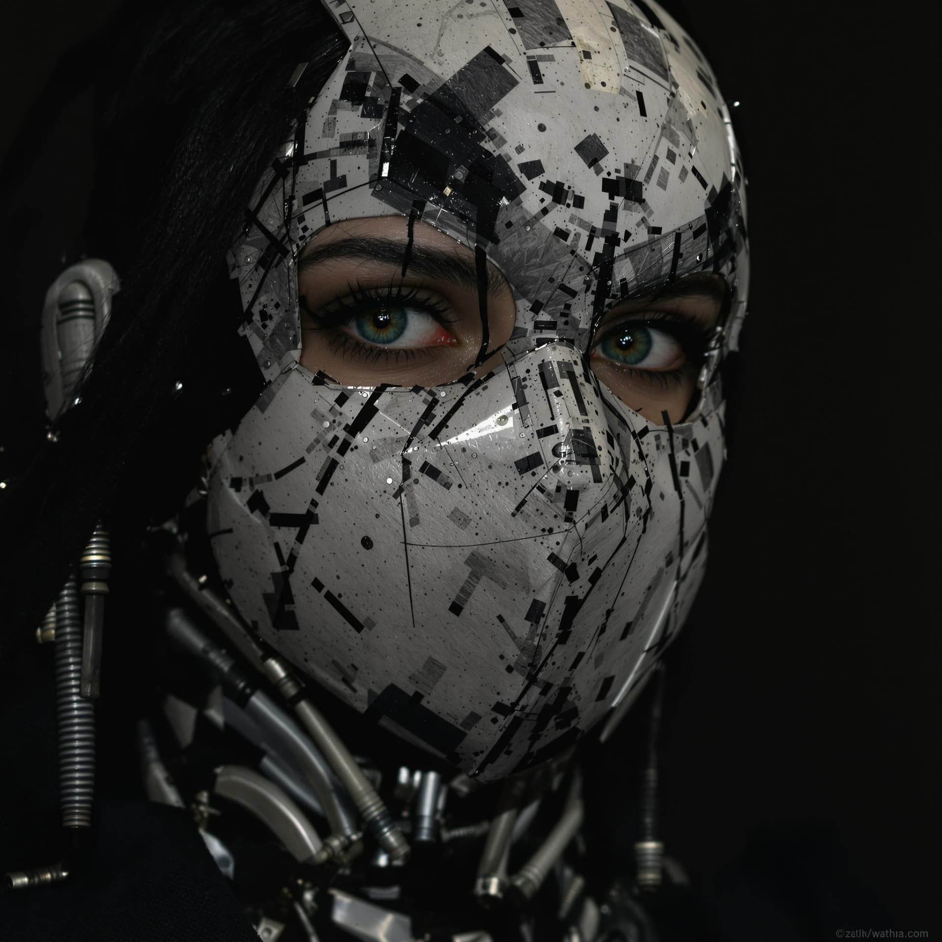 AI generated: Hyperdetailed photo, Mid Shot Photo, murderbot by matha wells, female, (human:robot:0.2) , opaque ma...