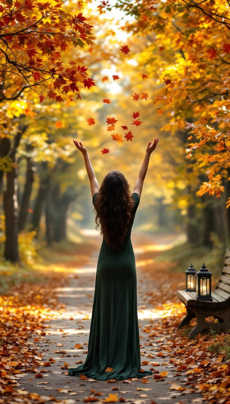 AI generated: A high-resolution professional photograph of a tranquil autumn scene. A young, slender woman with lo...