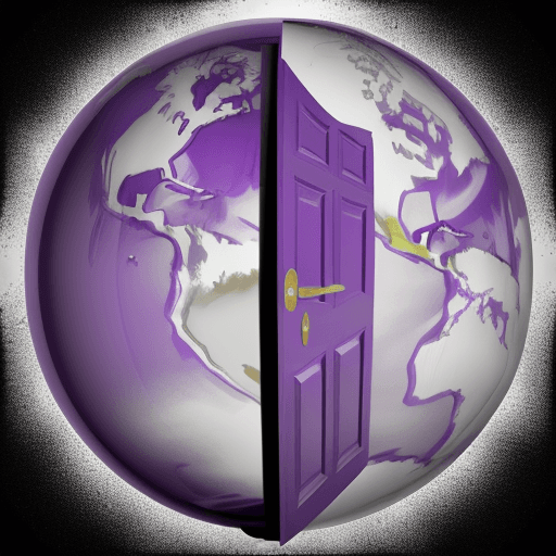 AI generated: a purple door in a colorless globe. surreal. color splash art with the door.