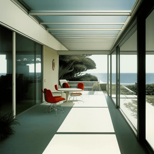 AI generated: Hyper realistic eye level exterior photo of a mid century modern style house overlooking the ocean, ...
