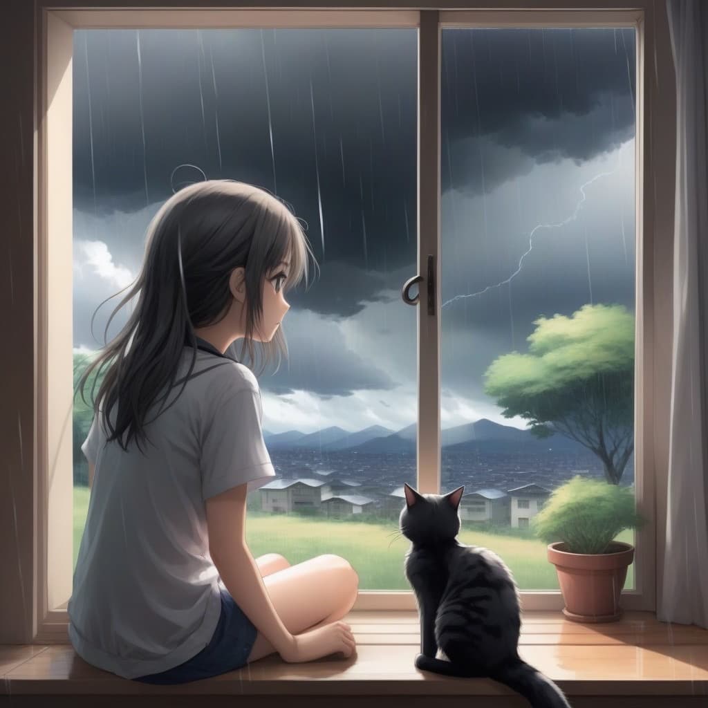 AI generated: anime, girl sitting at a window looking outside, a cat sits next to her, outside it is stormy and ra...