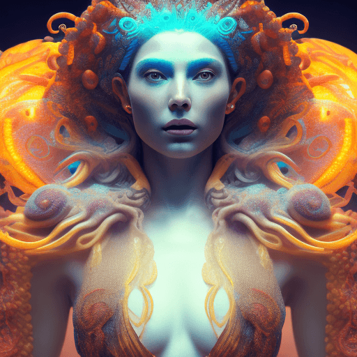 AI generated: Goddess close-up portrait ribcagel. jellyfish phoenix head, nautilus, orchid, skull, betta fish, bio...